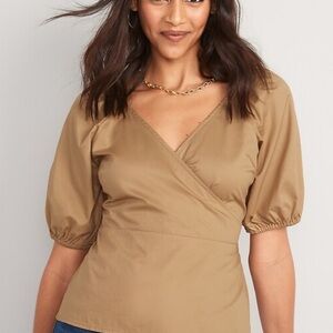 Women's Tan Puff Sleeve Wrap Top